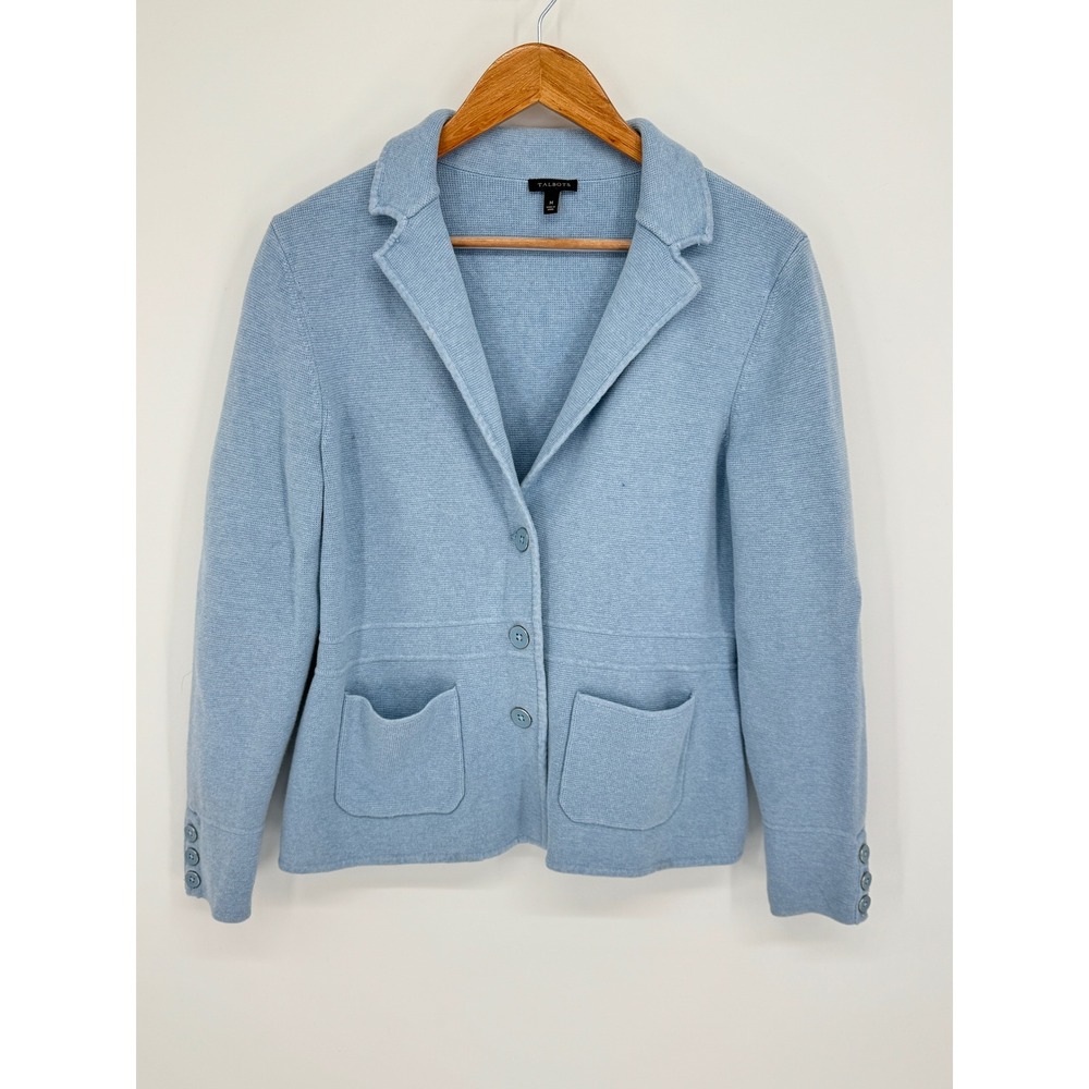 Talbots Sweater Blazer Womens M Blue Knit Button Front Career Coastal Business